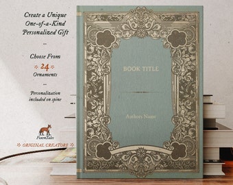 May include: A blue book cover with a gold ornate frame. The title "BOOK TITLE" and "Authors Name" are printed on the cover. The text "Create a Unique One-of-a-Kind Personalized Gift" is printed above the frame. The text "Choose From *24* Ornaments" is printed below the frame. The text "Personalization included on spine" is printed below the ornaments. The text "FurenTales ORIGINAL CREATORS" is printed below the spine text.