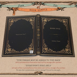 May include: A book cover mockup with a black background and gold accents. The text "BOOK TITLE" and "Authors Name" are displayed on the front cover. The back cover has the text "Back Cover Text".