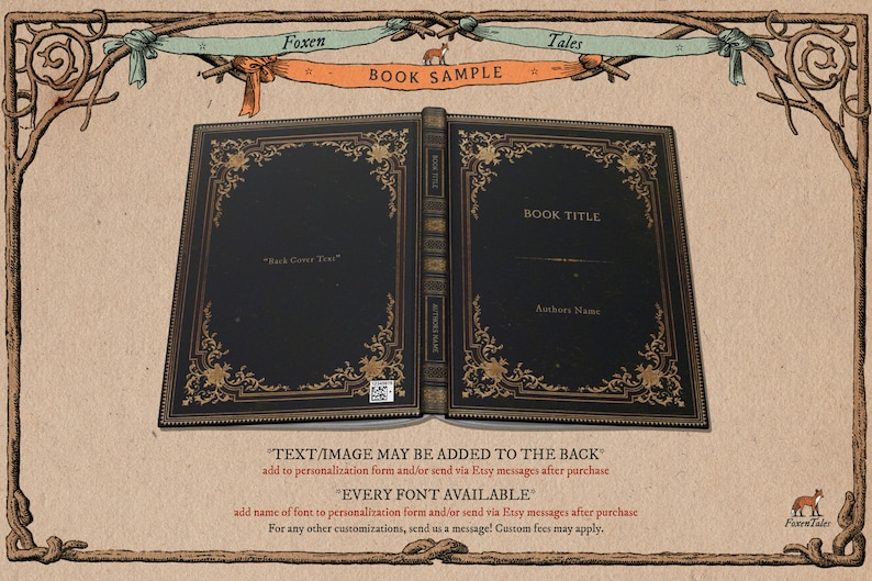 May include: A book cover mockup with a black background and gold accents. The text "BOOK TITLE" and "Authors Name" are displayed on the front cover. The back cover has the text "Back Cover Text".