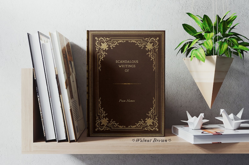 May include: A brown book with gold accents and the title "Scandalous Writings of Fran Hants" on the cover. The book is on a wooden shelf with other books and a hanging plant.