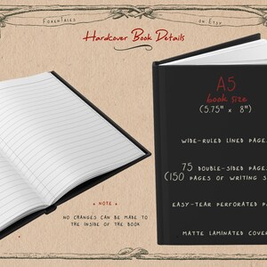 May include: A black hardcover notebook with wide-ruled lined pages. The notebook is A5 size, 5.75 inches by 8 inches, and has 75 double-sided pages (150 pages of writing space). The notebook has easy-tear perforated pages and a matte laminated cover.