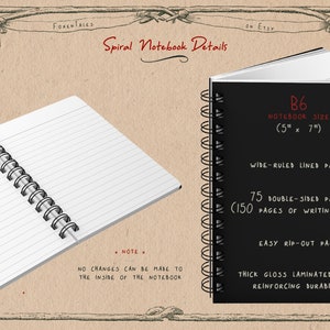 May include: A black spiral notebook with the text "B6 Notebook Size (5" x 7")" and "Wide-ruled lined pages" on the cover. The notebook has 75 double-sided pages (150 pages of writing space) and easy rip-out pages. The cover is made of thick gloss laminated cover, reinforcing durability.