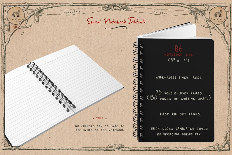 May include: A black spiral notebook with the text "B6 Notebook Size (5" x 7")" and "Wide-ruled lined pages" on the cover. The notebook has 75 double-sided pages (150 pages of writing space) and easy rip-out pages. The cover is made of thick gloss laminated cover, reinforcing durability.