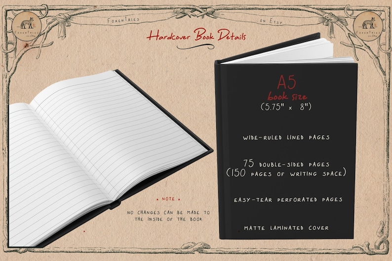 May include: A black hardcover notebook with wide-ruled lined pages. The notebook is A5 size, measuring 5.75 inches by 8 inches. It has 75 double-sided pages, providing 150 pages of writing space. The pages are easy-tear perforated and the cover is matte laminated.