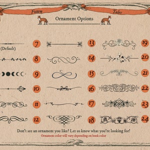 May include: A chart with 24 different ornament options for book covers. The options include floral designs, geometric shapes, and symbols like moons, hearts, and skulls. The chart is labeled "Ornament Options" and features two foxes on either side of the title.