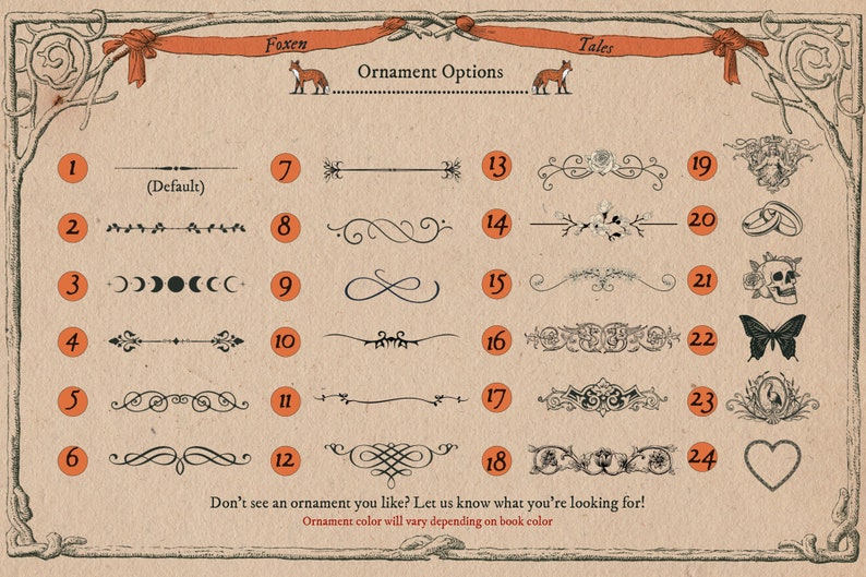 May include: A chart with 24 different ornament options for book covers. The options include floral designs, geometric shapes, and symbols like moons, hearts, and skulls. The chart is labeled "Ornament Options" and features two foxes on either side of the title.