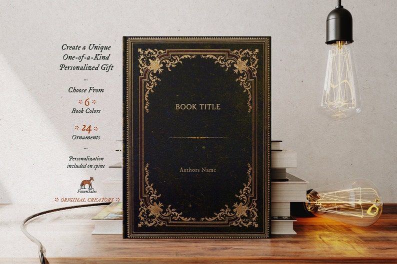 May include: A dark green book cover with a gold ornate frame. The book title is "BOOK TITLE" and the author's name is "Authors Name".