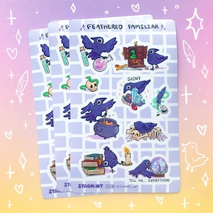 May include: Three sheets of stickers featuring illustrations of crows, potions, books, and other magical objects. The stickers are on a purple background with a grid pattern. The text "Feathered Familiar" and "Shiny" are included on the stickers. The text "Tell me... everything" and "Starmint" are at the bottom of the stickers.