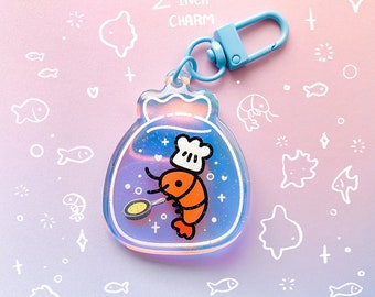 Shrimp Fried Rice 2 Inch Rainbow Acrylic Charm Keychain Funny Meme Chef Food Cute Shrimp Marine Animal