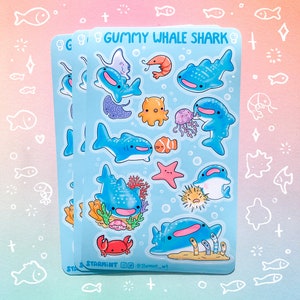 Gummy Whale Shark Glossy Holographic Waterproof Sticker Sheet Cute Ocean Marine Animals