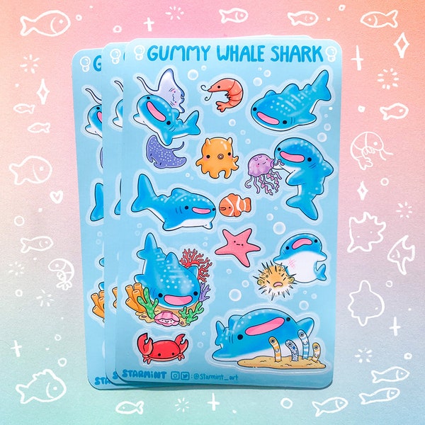 Gummy Whale Shark Glossy Holographic Waterproof Sticker Sheet Cute Ocean Marine Animals