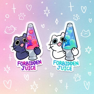 May include: Two stickers featuring black and white cats holding lava lamps. The lava lamps are filled with pink and purple liquid in one sticker and blue and green liquid in the other. The text "Forbidden Juice" is written below each cat.