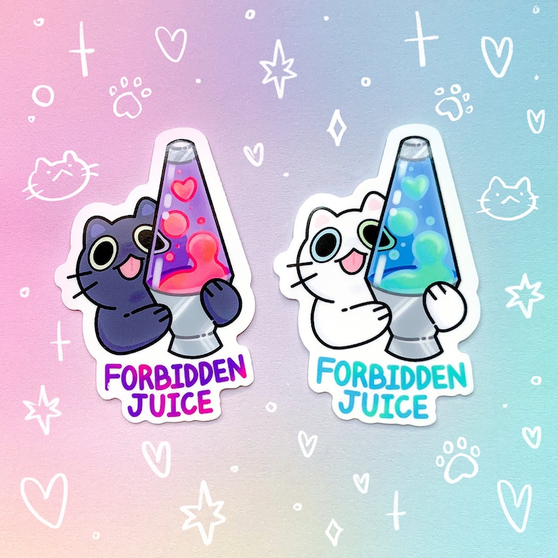 May include: Two stickers featuring black and white cats holding lava lamps. The lava lamps are filled with pink and purple liquid in one sticker and blue and green liquid in the other. The text "Forbidden Juice" is written below each cat.