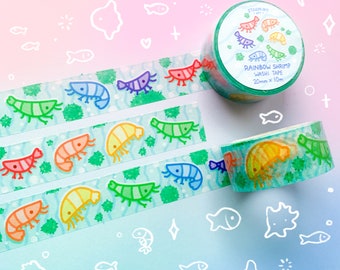 May include: Rainbow shrimp washi tape with a green and blue background. The tape features a variety of colorful shrimp in a rainbow pattern. The tape is 20mm wide and 10m long.