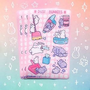 Hoja de pegatinas holográficas brillantes e impermeables con diseño de conejo de polvo. Lindo conejo de primavera para limpieza.