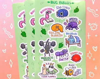 May include: Three sheets of green sticker paper with various bug-themed illustrations. Each sticker features a different bug with a funny caption, such as "Bookworm", "Iso-Tired", "Weevil Genius", "Feeling Sluggish", "Bedbug", "Hercules Beetle", "Antsy", "Ticked Off", "Twin Flames", and "Busy Bee".
