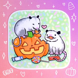 Pumpkin Opossums Waterproof Sticker Jack-O-Lantern Halloween Candy Squash Autumn Trick or Treat Laptop Water Bottle