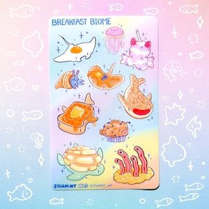 Breakfast Biome Waterproof Sticker Sheet Marine Animal Nature Aquarium Funny