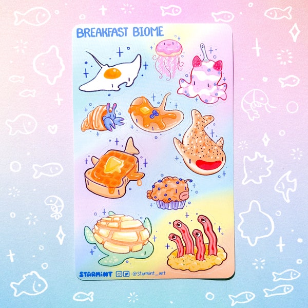Breakfast Biome Waterproof Sticker Sheet Marine Animal Nature Aquarium Funny