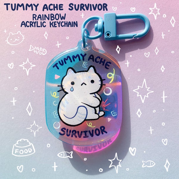 Tummy Ache Survivor 2 Inch Rainbow Acrylic Charm Keychain Funny Toilet Humor IBS Cat