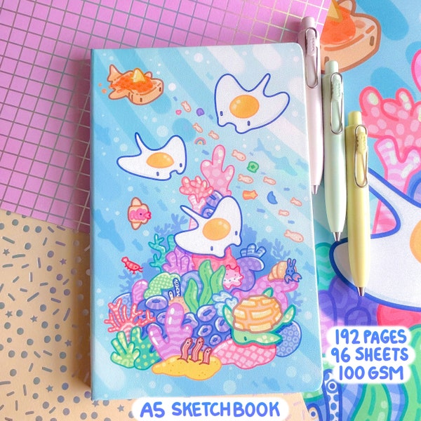 Manta Egg Blank Hardcover Sketchbook Leatherette Faux Leather Journal Cute Manta Ray Ocean Aquarium Breakfast Sea Creature Pastel Stationery