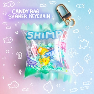 Shrimp Candy Bag Shaker Keychain Puffy Squishy PVC Charm Cute Ocean Shimp Scrimp Crustacean Cherry Shrimp Rainbow Sea Creature Aquarium