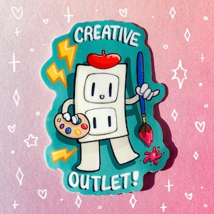 May include: A whimsical sticker featuring a white electrical outlet character wearing a red beret and holding a paintbrush and palette. The text "CREATIVE OUTLET!" is displayed in a teal bubble. Yellow lightning bolts and hearts decorate the background.