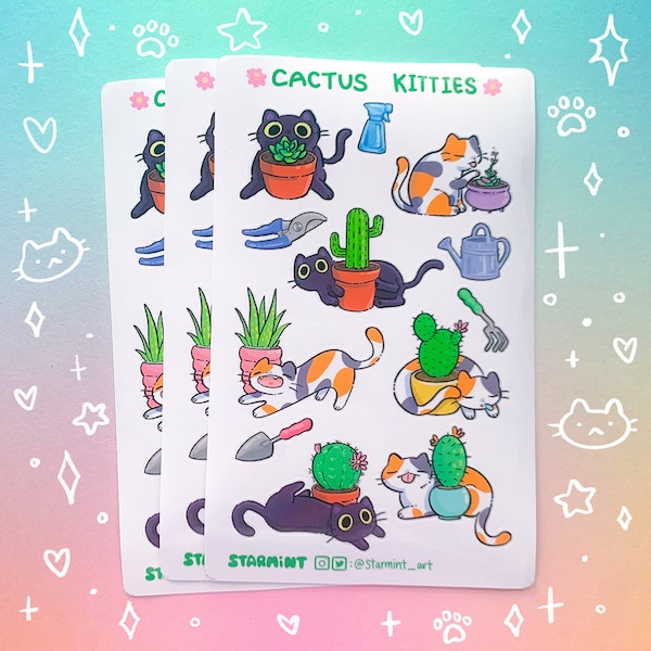 Cactus Kitties Cat Glossy Sticker Sheet Gardening Plants Journaling Stickers Stationery