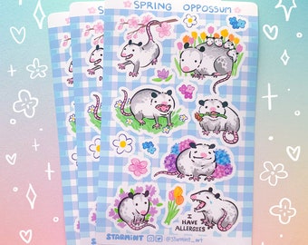 Spring Opossum Flowers Glossy Mini Sticker Sheet Bullet Journaling