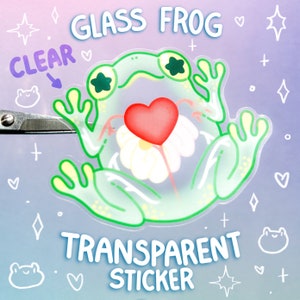 May include: A clear, transparent sticker of a green frog holding a red heart. The frog is outlined in green and has black eyes. The sticker says "GLASS FROG" and "TRANSPARENT STICKER" in black text.