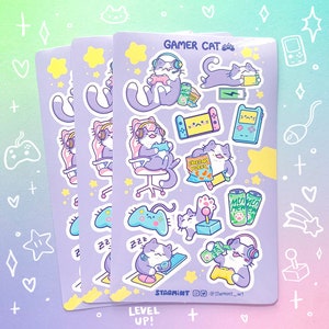 Hoja de pegatinas brillantes e impermeables de Gamer Cat para diario, videojuegos, anime kawaii, PC y ordenador.