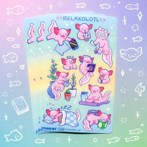 Hoja de pegatinas impermeables Relaxolotl Ajolote Anfibio Animal Naturaleza Acuario Divertido