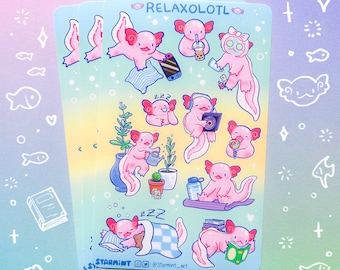 Relaxolotl Waterproof Sticker Sheet Axolotl Amphibian Animal Nature Aquarium Funny