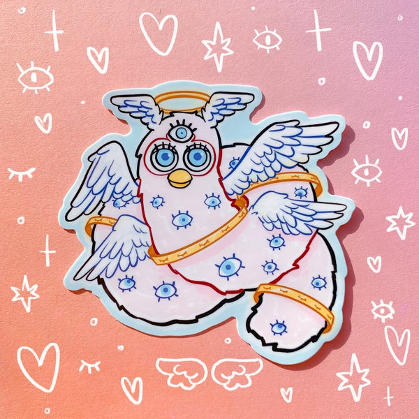 Biblically Accurate Angel Furby Glossy Waterproof Sticker Laptop Water Bottle Car 90s Nostalgia Meme Cursed Sticker