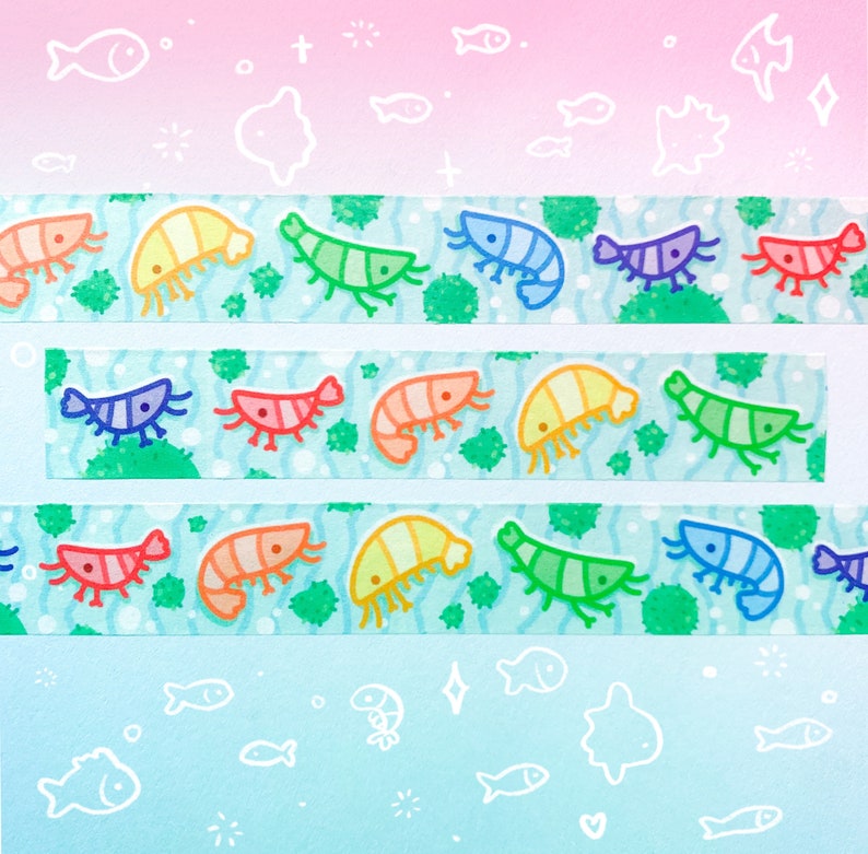 Puede incluir: Una hoja de cinta washi colorida con un patr&oacute;n repetido de camarones de dibujos animados sobre un fondo verde y azul. Los camarones est&aacute;n en un arco&iacute;ris de colores, incluyendo rojo, naranja, amarillo, verde, azul y morado.
