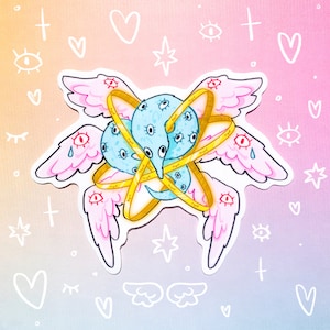 May include: A blue and yellow cartoon worm with eyes and wings. The worm is surrounded by a gold halo and has pink wings. The background is a gradient of pink and blue.