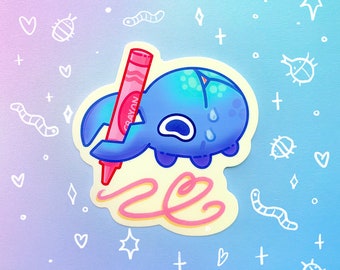 May include: A blue cartoon creature with a teardrop on its cheek is holding a red crayon and drawing a pink squiggle on a yellow background. The creature is surrounded by white and pink hearts, stars, and other small details.