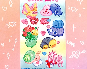 May include: A sheet of colorful stickers featuring cute cartoon insects and hearts. The stickers say "LOVE BUG" and "LUV U".