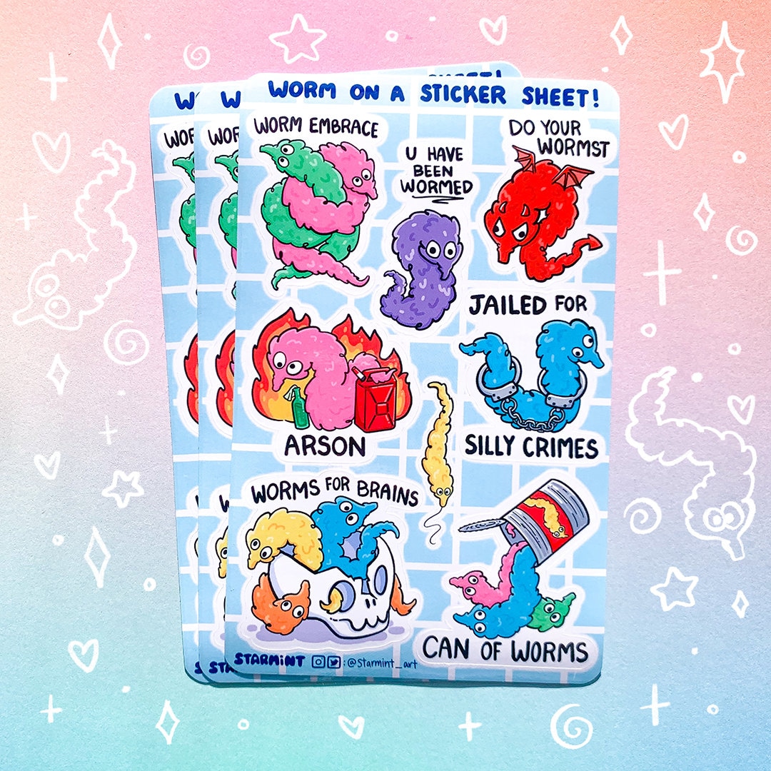 Worm on a String Meme Glossy Holographic Waterproof Sticker Sheet Cute ...