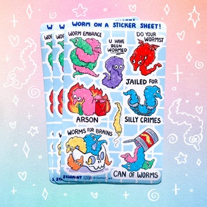 Worm on a String Meme Glossy Holographic Waterproof Sticker Sheet Cute 90s Nostalgia Furby Toy
