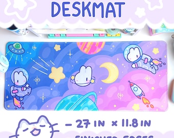 Tapis de bureau Space Bunny, tapis de souris, configuration de jeu, bureau d'ordinateur, tapis résistant à l'eau, astronaute, lapin, système solaire, galaxie, espace
