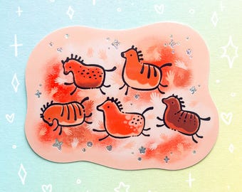 Prehistoric Ponies Holographic Waterproof Sticker Cute Honse Meme Cave Painting Art Przewalzki's Horse Laptop Water Bottle