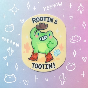 Rootin&#39; and Tootin Cowboy Frog Glossy Waterproof Sticker Laptop Water Bottle Cute Western Froggy