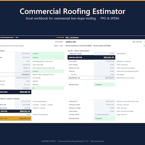 Puede incluir: Una interfaz de libro de Excel Commercial Roofing Estimator con un panel de Bid Builder. La pantalla muestra tablas detalladas de costos, márgenes objetivo del proyecto y precios finales para proyectos de techado TPO y EPDM.