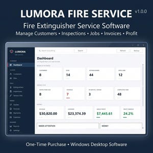 Puede incluir: Panel de control del software Lumora Fire Service en una interfaz de escritorio de Windows. La pantalla muestra métricas comerciales que incluyen clientes, sitios, extintores, trabajos, ingresos, gastos y márgenes de beneficio en un diseño claro.