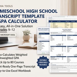 Peut inclure: Un modèle de relevé de notes pour lycée à domicile et calculateur de moyenne GPA pour Microsoft Excel par Lumora Tools. Le document inclut des sections pour les niveaux 9 à 12, le suivi de 80 cours et le calcul automatique de la moyenne GPA.