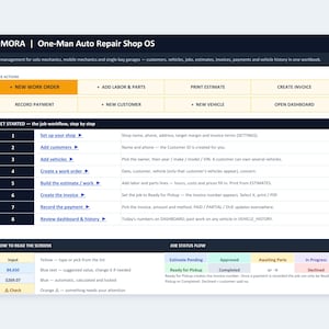 Peut inclure: Une interface numérique intitulée LUMORA One-Man Auto Repair Shop OS. La mise en page comprend une section d'actions rapides avec des boutons pour les ordres de travail, la main-d'œuvre, les devis et les factures, ainsi qu'un guide de flux de travail.