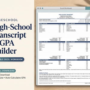 Peut inclure: Un modèle de classeur Excel numérique pour relevé de notes de lycée et calculateur de moyenne générale. Le document présente une mise en page blanche avec du texte bleu foncé, organisé par niveau scolaire et crédits.