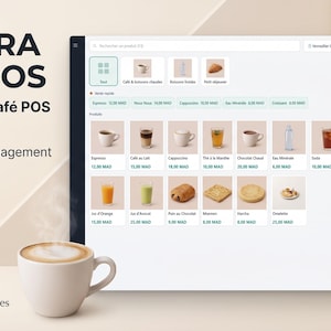Pode incluir: Uma interface digital para o software Lumora Café POS exibida em uma tela, apresentando uma grade de itens de menu como expresso, croissants e sucos, uma barra lateral com uma lista de pedidos atual e um total de 55,00 MAD, ao lado de uma xícara de café fumegante.
