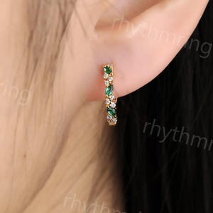 Vintage Marquise cut Emerald Huggie Hoop Earrings Natural Diamond Earrings Solid Yellow Gold earrings Unique Bridal Anniversary Gift